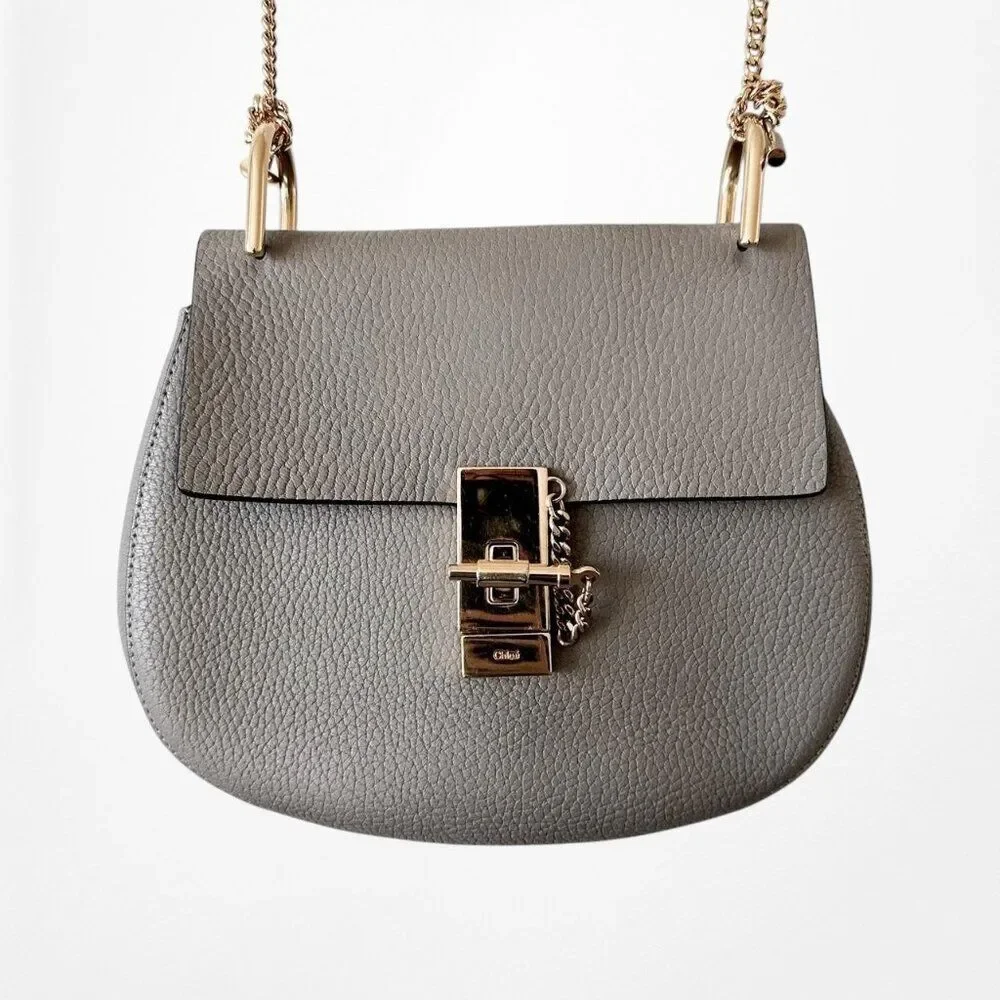 Chloe Drew Gray Gold Hardware Saddle Round Medium Size Leather Crossbody Bag